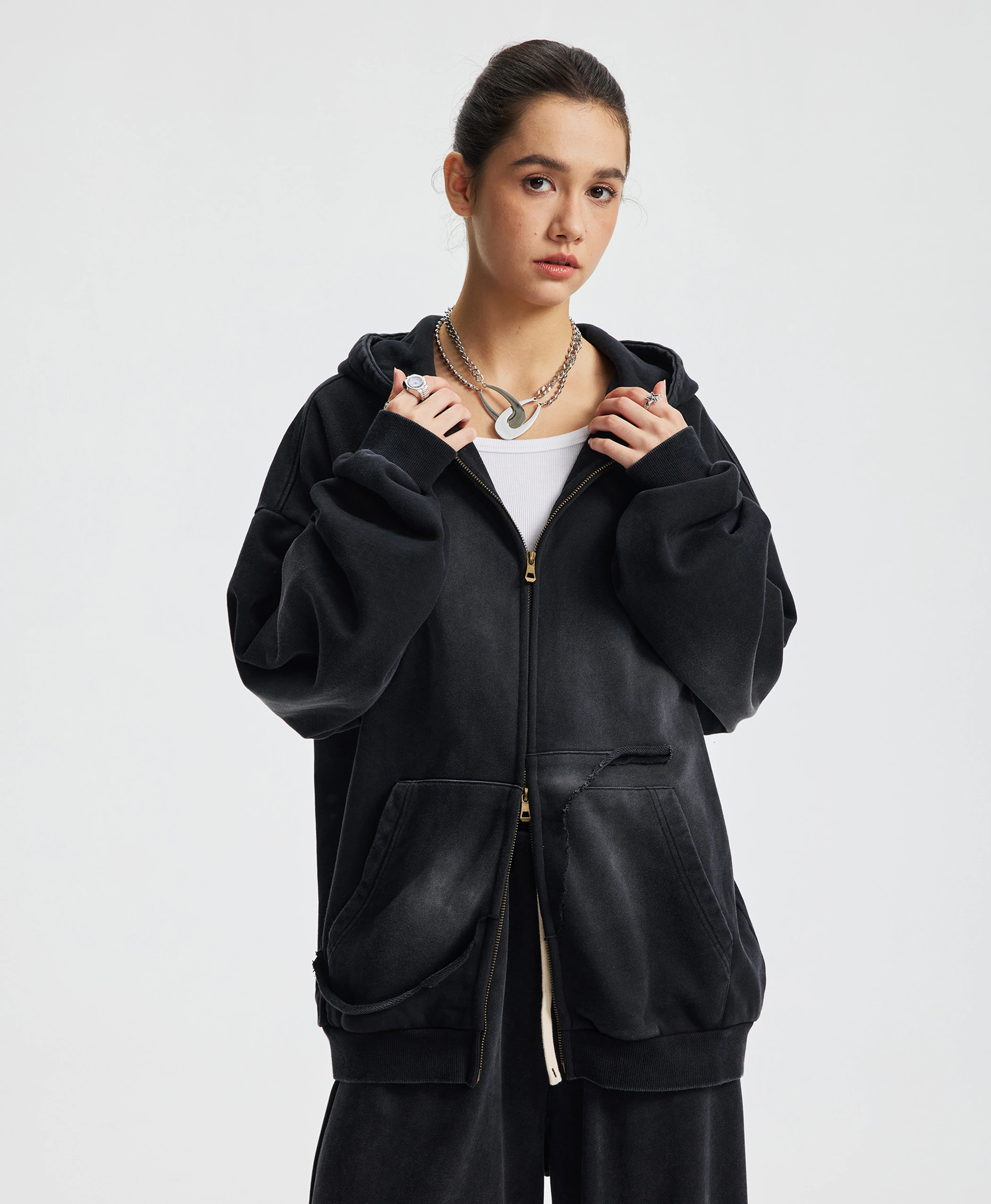 ATHENTIQ WASHED DISTRESS POCKET ZIP HOODIE